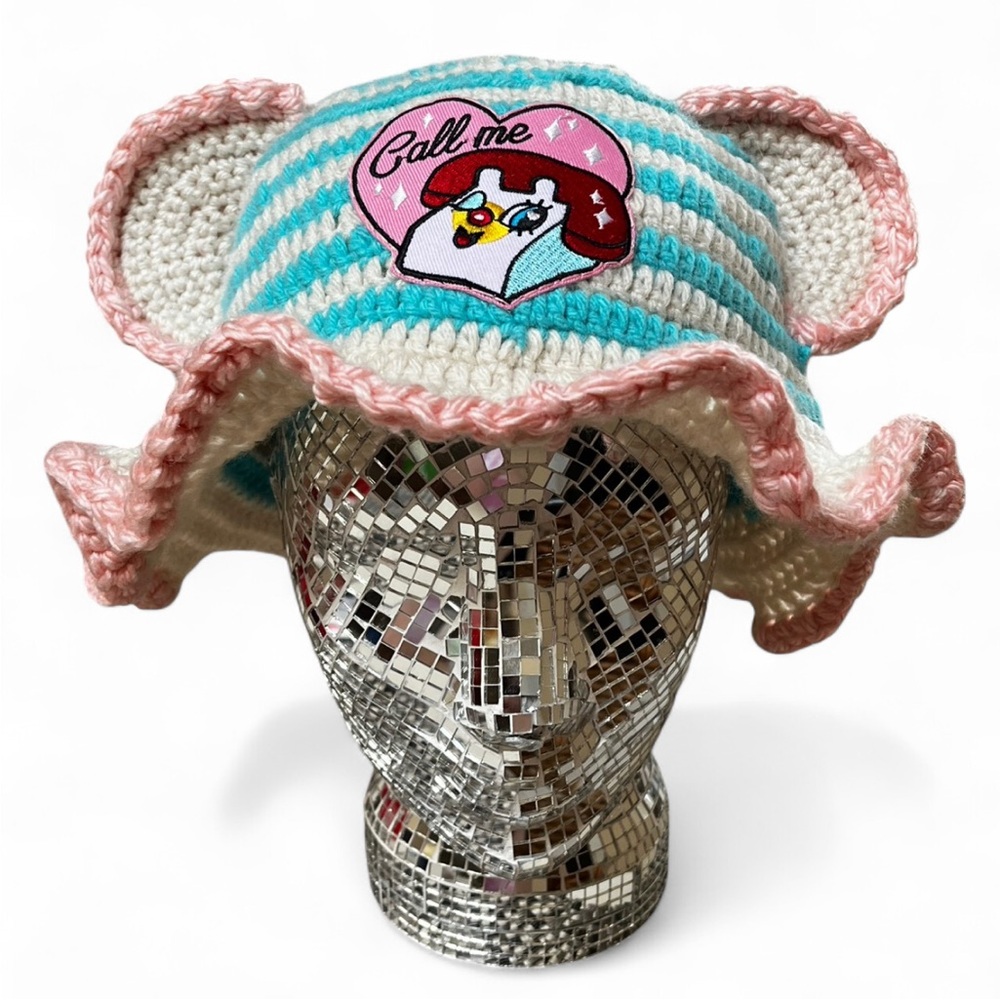 Striped Crochet Bucket Hat with Patch Sewn On